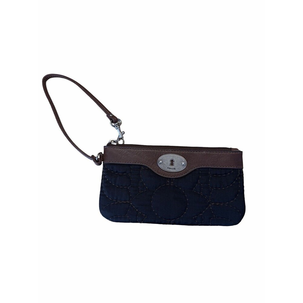 FOSSIL Women's Key Per Black Quilted Nylon Leather Zip Around Clutch Wallet